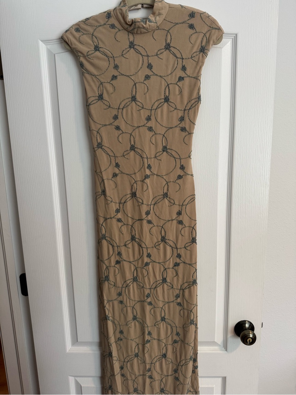 Vintage Silk Beaded Embroidered Mock Neck Cap Sleeve Formal Dress